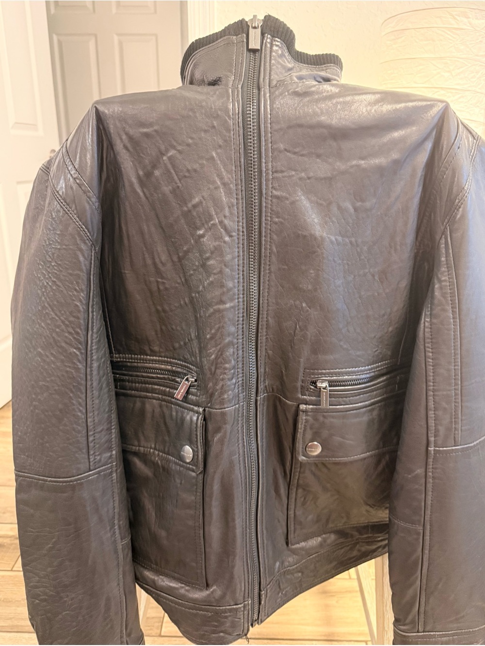 Michael Kors Dark Brown Leather Zip-Front Bomber Jacket